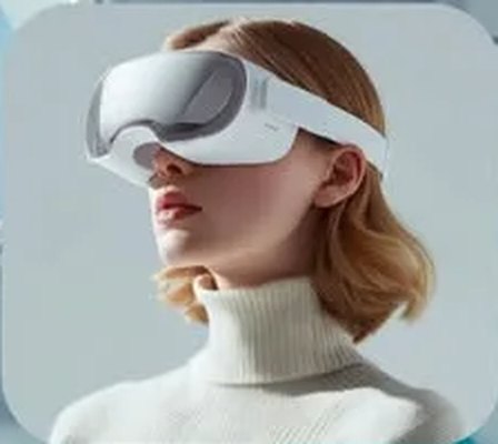 A woman wearing the VR-KTV3 headset